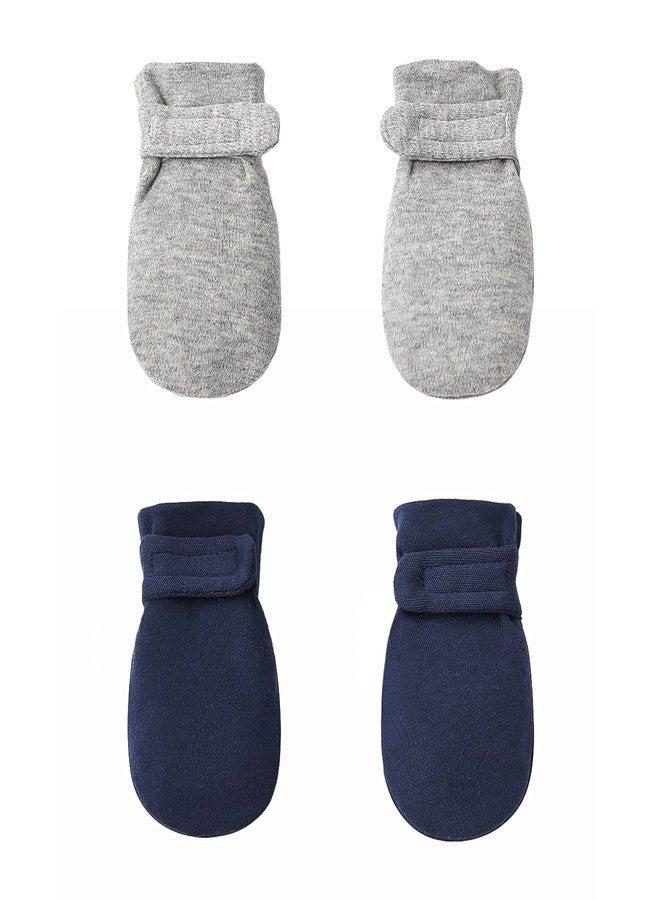 Reyow Newborn Baby No Scratch Mittens Stay On, 100% Cotton Breathable, Adjustable Infant Gloves for Baby Boys Girls Mittens, Navy/Gray, 0-3 Months - Image 1
