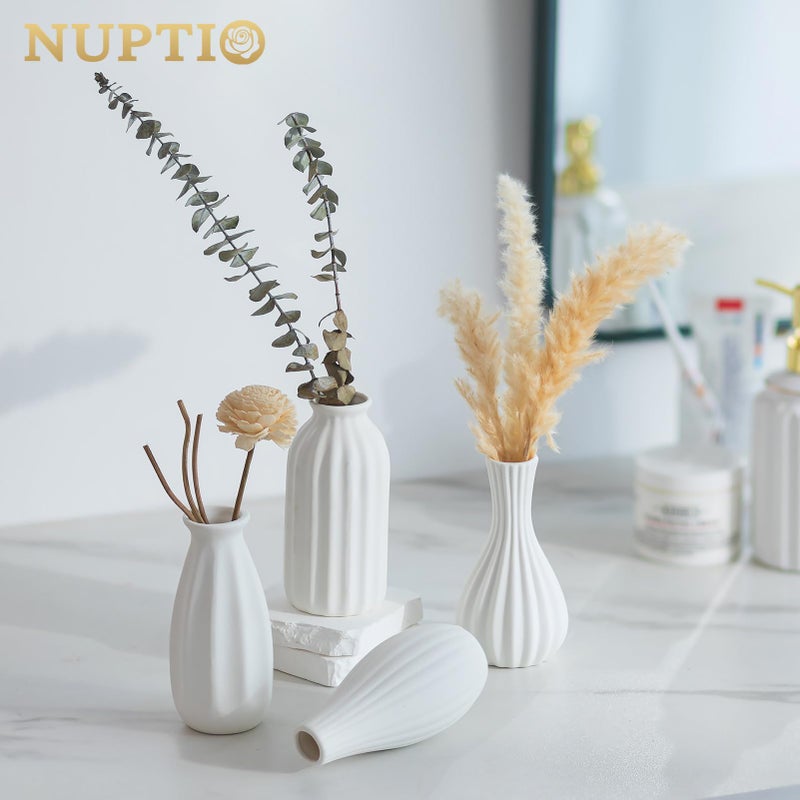 NUPTIO White Ceramic Vase for Table Decor: NUPTIO Small Bud Vases for Flowers - Centerpiece Table Decorations for Christmas Home Wedding Dining Room Set of 4 - Image 2