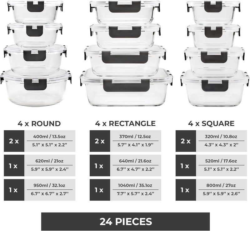 Freshware Glass Storage Containers with Lids 24 Pieces 12 Containers with 12 Lids Glass Meal Prep Container for Lunch Glass Food Storage Containers with Lids Leak Proof Freezer Safe - Image 2