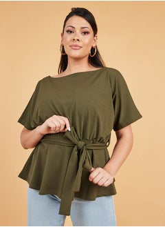 Plus Drop Shoulder Boat Neck Top with Tie Belt