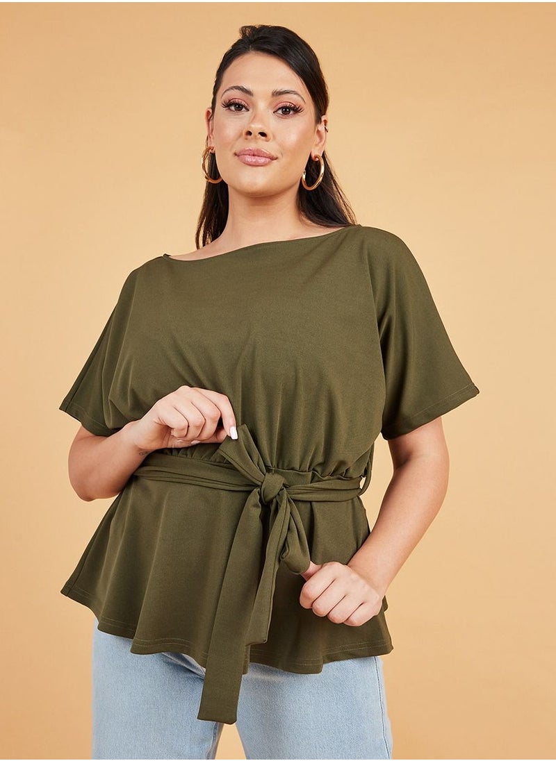 Styli - Plus Drop Shoulder Boat Neck Top with Tie Belt - Image 1