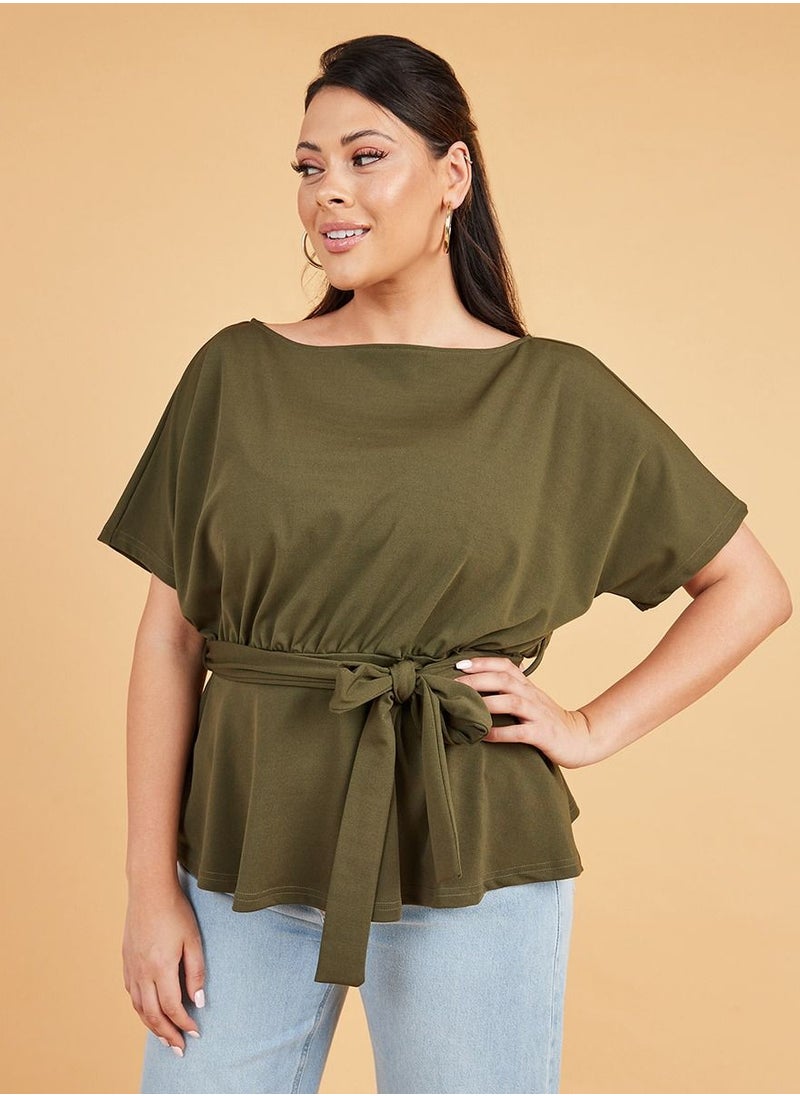 Styli - Plus Drop Shoulder Boat Neck Top with Tie Belt - Image 1