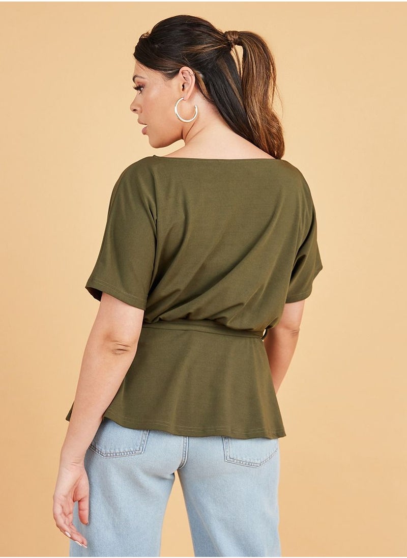 Styli - Plus Drop Shoulder Boat Neck Top with Tie Belt - Image 1