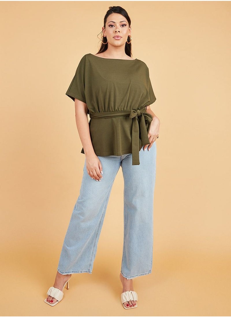 Styli - Plus Drop Shoulder Boat Neck Top with Tie Belt - Image 1
