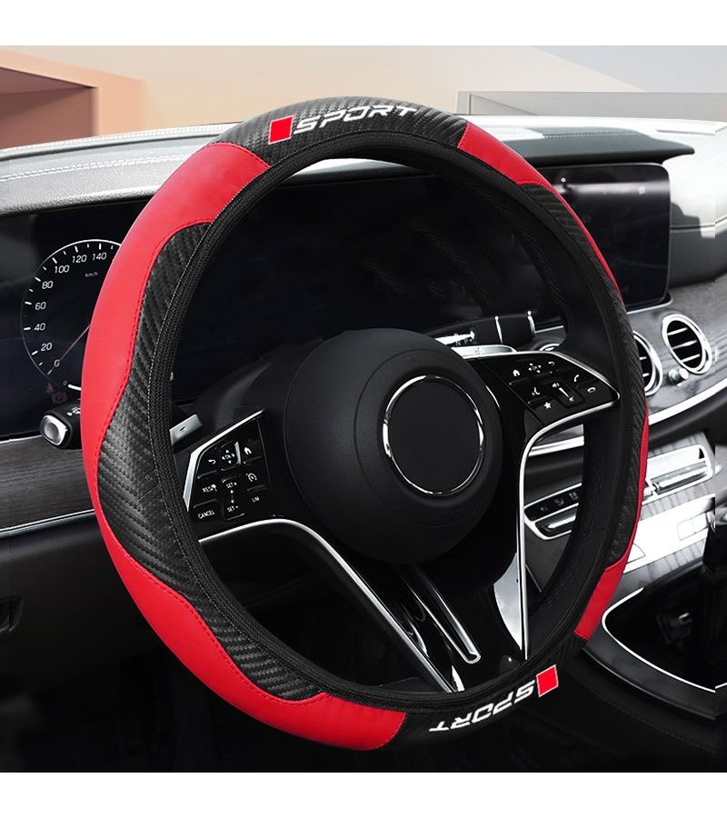 Pink Carbon Fiber Pattern Anti Slip Steering Wheel Cover Universal Fit Sporty Style - Image 1