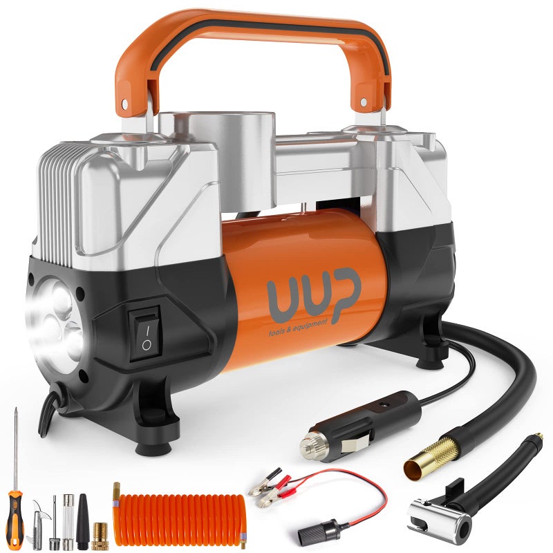 UUP Tire Inflator Air Compressor, 150PSI 12V DC Double Cylinders Heavy Duty Portable Air Pump w/Emergency LED Light for Truck, SUV, Car, RV - Image 1