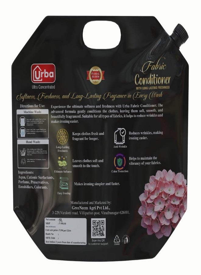 Urba Ultra Concentrated Fabric Conditioner(Fabric softner), Floral Bloom, 5 Litre, Long Lasting Freshness, Super Saver Pack - Image 3