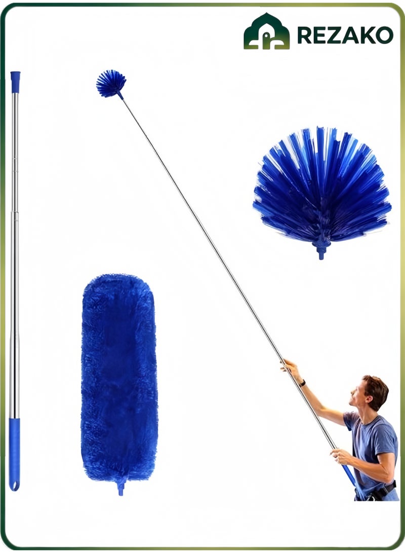 REZAKO Spider web dust collector with 83.9-inch extension rod, replaceable ceiling kit, bendable ultra-fine fiber feather, reusable spider web dust brush cleaning kit, fan cleaner, household dust collector,feather for dust,Wall duster,Dust mop,Roof cleaning (Blue) - Image 1