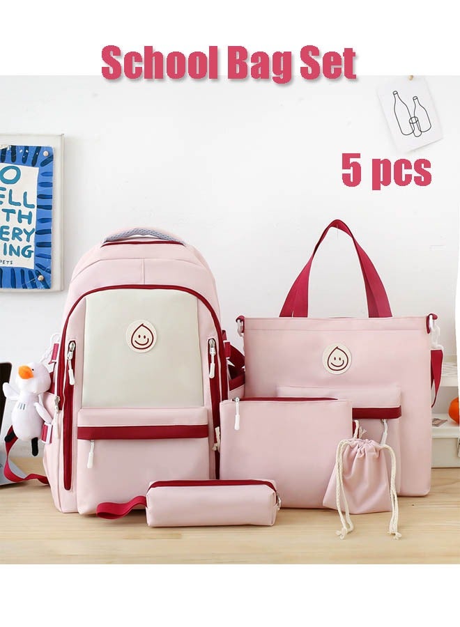 5PCS Large Capacity Lightweight Backpack, School Backpack, Cute Canvas Bag, Campus Backpack Set, Book Bag with Compartment,  High School Middle Bookbag for Girls, Pink  - Image 1