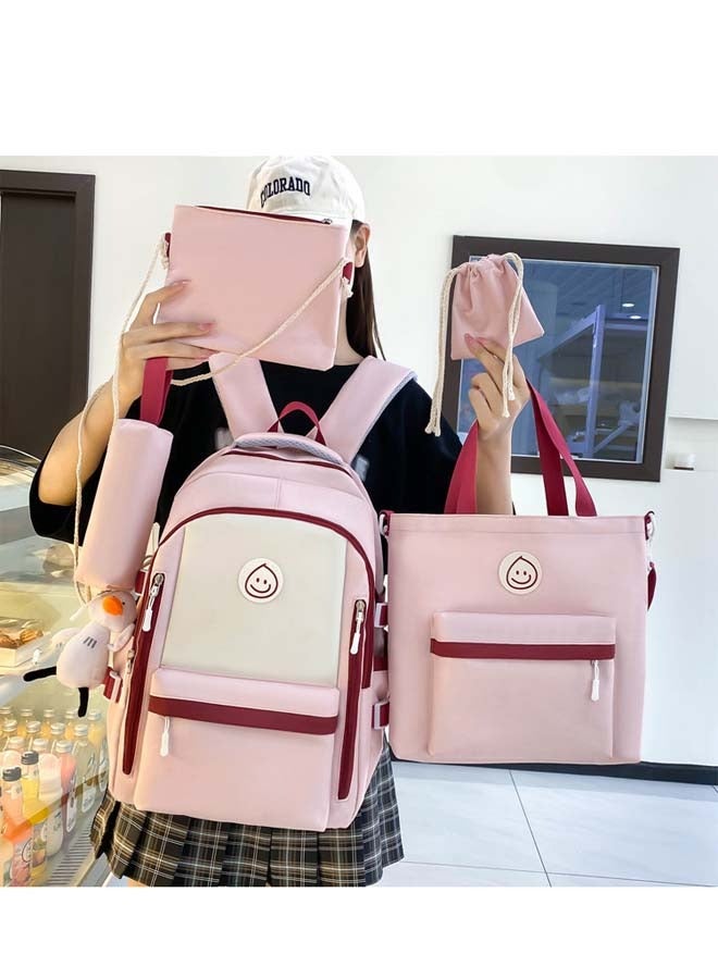 5PCS Large Capacity Lightweight Backpack, School Backpack, Cute Canvas Bag, Campus Backpack Set, Book Bag with Compartment,  High School Middle Bookbag for Girls, Pink  - Image 2