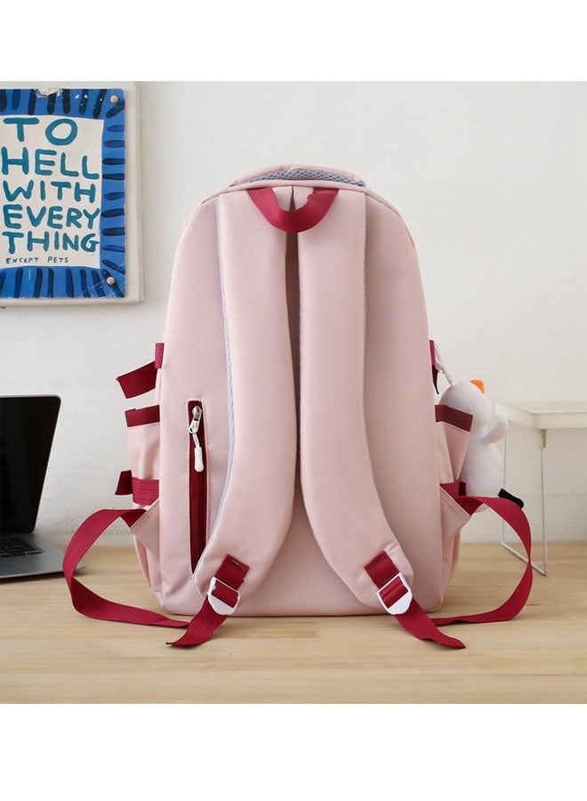 5PCS Large Capacity Lightweight Backpack, School Backpack, Cute Canvas Bag, Campus Backpack Set, Book Bag with Compartment,  High School Middle Bookbag for Girls, Pink  - Image 4