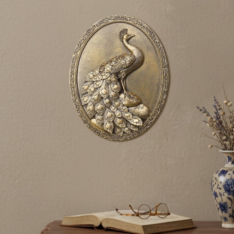 Newinhome Vintage Peacock Wall Sculpture Antique Wall Decor, Hand Painted Wall Decoration with Embossed Peacock Design, Gold Decor for Bedroom Living Room Hallway, Housewarming Gift - Image 2