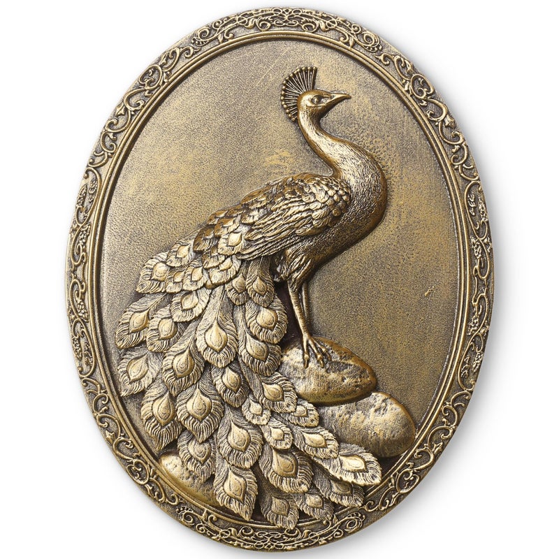 Newinhome Vintage Peacock Wall Sculpture Antique Wall Decor, Hand Painted Wall Decoration with Embossed Peacock Design, Gold Decor for Bedroom Living Room Hallway, Housewarming Gift - Image 1