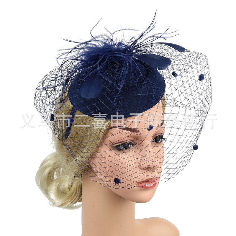 Generic Bridal Tulle Fascinator Fashion Headband Feather Mini Hat Clip Navy blue