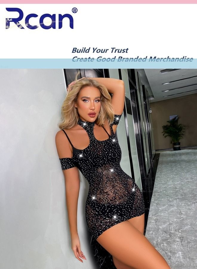Rcan Lingerie for Women Stretchy Hollow Out Halterneck Short Sleeves Dress Bodysuit Babydoll Exotic Underwear Nightwear Ladies Boudoir Outfits Clubwear Free Size - Image 3