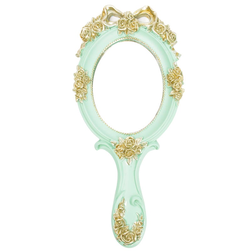 Nerien Nerien Handheld Mirror Vanity Makeup Mirror Travel Princess Metal Cosmetic Mirror Portable Oval Embossed Rose Mirrors Decorative Desk Girl Student Vintage Beautiful Handle Mirrors Blue-3 - Image 1