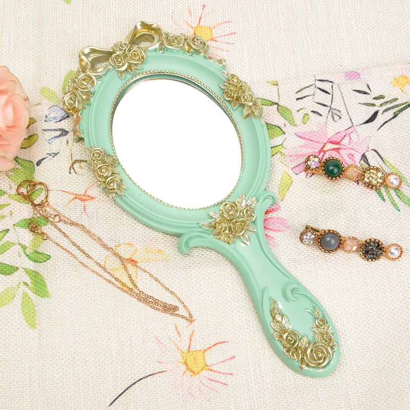 Nerien Nerien Handheld Mirror Vanity Makeup Mirror Travel Princess Metal Cosmetic Mirror Portable Oval Embossed Rose Mirrors Decorative Desk Girl Student Vintage Beautiful Handle Mirrors Blue-3 - Image 5