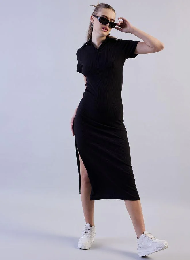 مرفوعة Women Fitted Casual Solid Long Polo Collar Dress