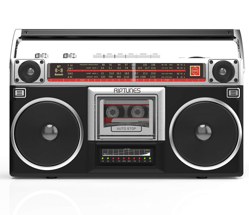 Riptunes Boombox Radio Cassette Player Recorder, AM/FM -SW1/SW2 Radio, Wireless Streaming, USB/Micro SD Slots, Aux in, Headphone Jack, Classic 80s Style Retro, Black - Image 1