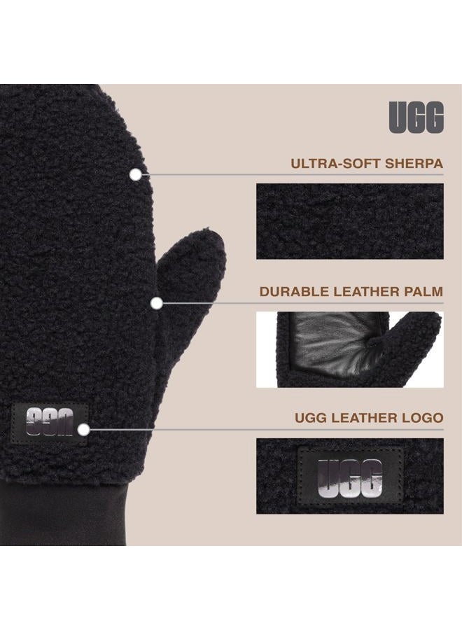UGG Women's UGGFluff Logo Tape Mittens - Soft Polyester Body, Leather Palm Patch, Warm Polyester Lining, and Logo Detail, Black, Large-X-Large - Image 3