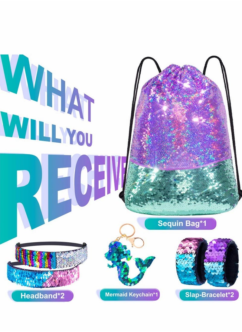 Excefore - Drawstring Bags, Mermaid Reversible Sequin Backpack Headband Keychain Bracelet Gifts for Girls - Image 1