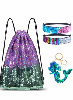 Drawstring Bags, Mermaid Reversible Sequin Backpack Headband Keychain Bracelet Gifts for Girls