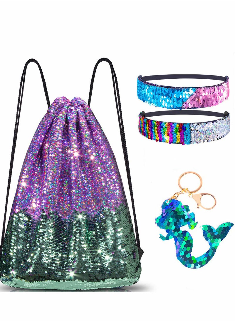 Excefore - Drawstring Bags, Mermaid Reversible Sequin Backpack Headband Keychain Bracelet Gifts for Girls - Image 1