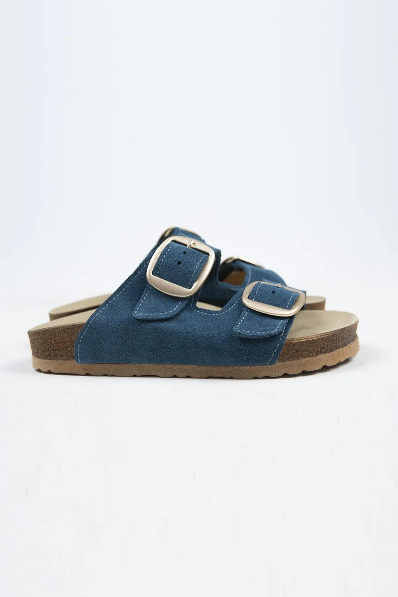 Manijero Manijero Irene Women's Genuine Leather Double Buckle Petrol Gold Slippers