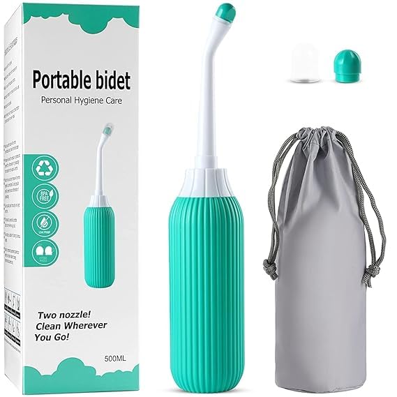 ASOMA Handheld Portable Bidet Spray Bottle Retractable Bidet with Angled Nozzle Jet Spray for Personal Hygiene Includes 2 Nozzles and Travel Pouch Bag Green 500ML - Image 1