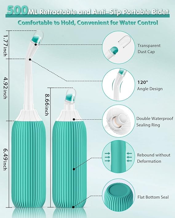 ASOMA Handheld Portable Bidet Spray Bottle Retractable Bidet with Angled Nozzle Jet Spray for Personal Hygiene Includes 2 Nozzles and Travel Pouch Bag Green 500ML - Image 4