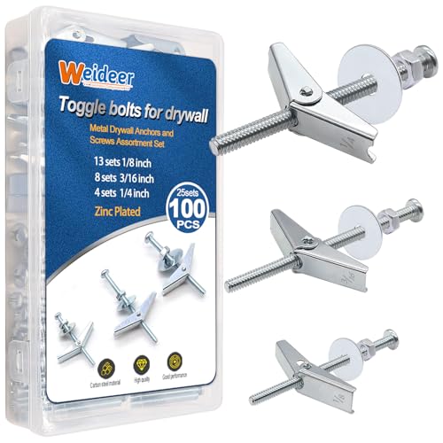 weideer 100Pcs Toggle Bolts 1/8" 3/16" 1/4" Heavy Duty Drywall Anchors and Screws Assortment Set Toggle Bolts and Wing Nut Kit with Nuts washers (25sets) K-136 - Image 1