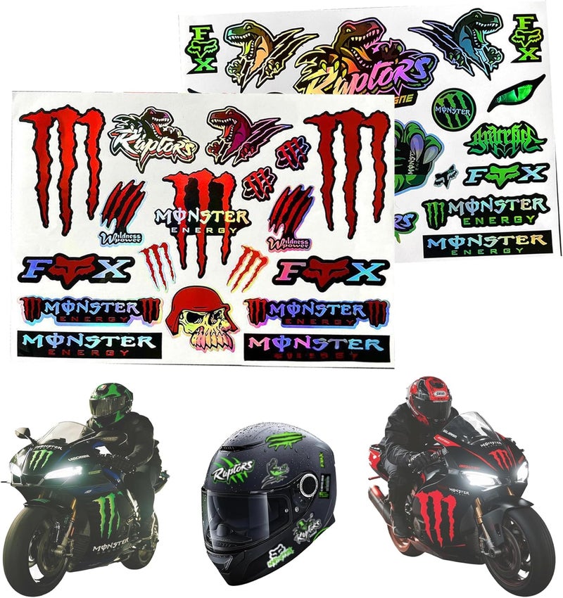 POKITA X 2 PCS Reflective Monster Energy Sticker Combo Pack (Red & Green) - High-Visibility Waterproof Motorcycle Helmet Decals for Bike, Skateboard, Scratch Resistant DIY Bike & Quad Stickers - Image 1
