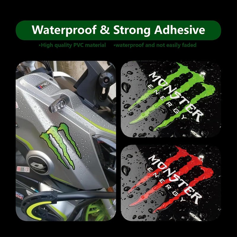 POKITA X 2 PCS Reflective Monster Energy Sticker Combo Pack (Red & Green) - High-Visibility Waterproof Motorcycle Helmet Decals for Bike, Skateboard, Scratch Resistant DIY Bike & Quad Stickers - Image 2