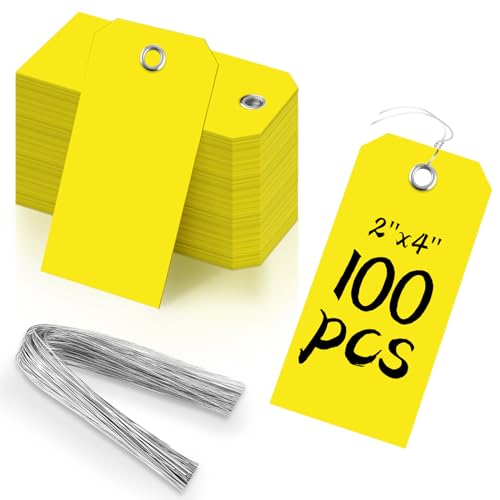 SKLENICE 100 Yellow Plastic Shipping Tags - 2x4 inch Heavy Duty with Wires, Reinforced, Waterproof, Ideal for Gift, Luggage, Garage, Inventory - Image 1