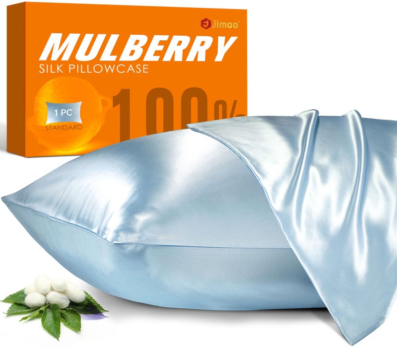 100 غطاء وسادة من حرير التوت للشعر والبشرة 22 مومي Pure Natural Silk Pillow Case من الجانبين مع سحاب غطاء وسادة للنساء والرجال لون أزرق فاتح قياسي 2026