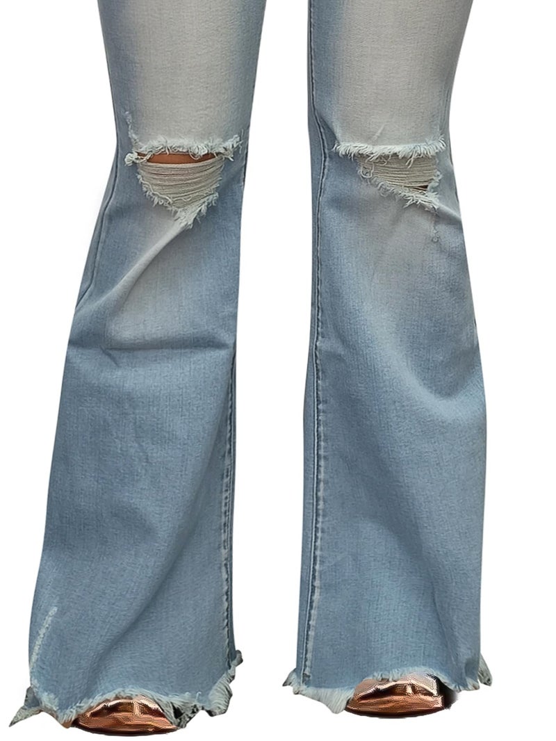 Flamingals Flare Bell Bottom Jeans for Women Raw Hem High Waist Light Blue Medium - Image 2
