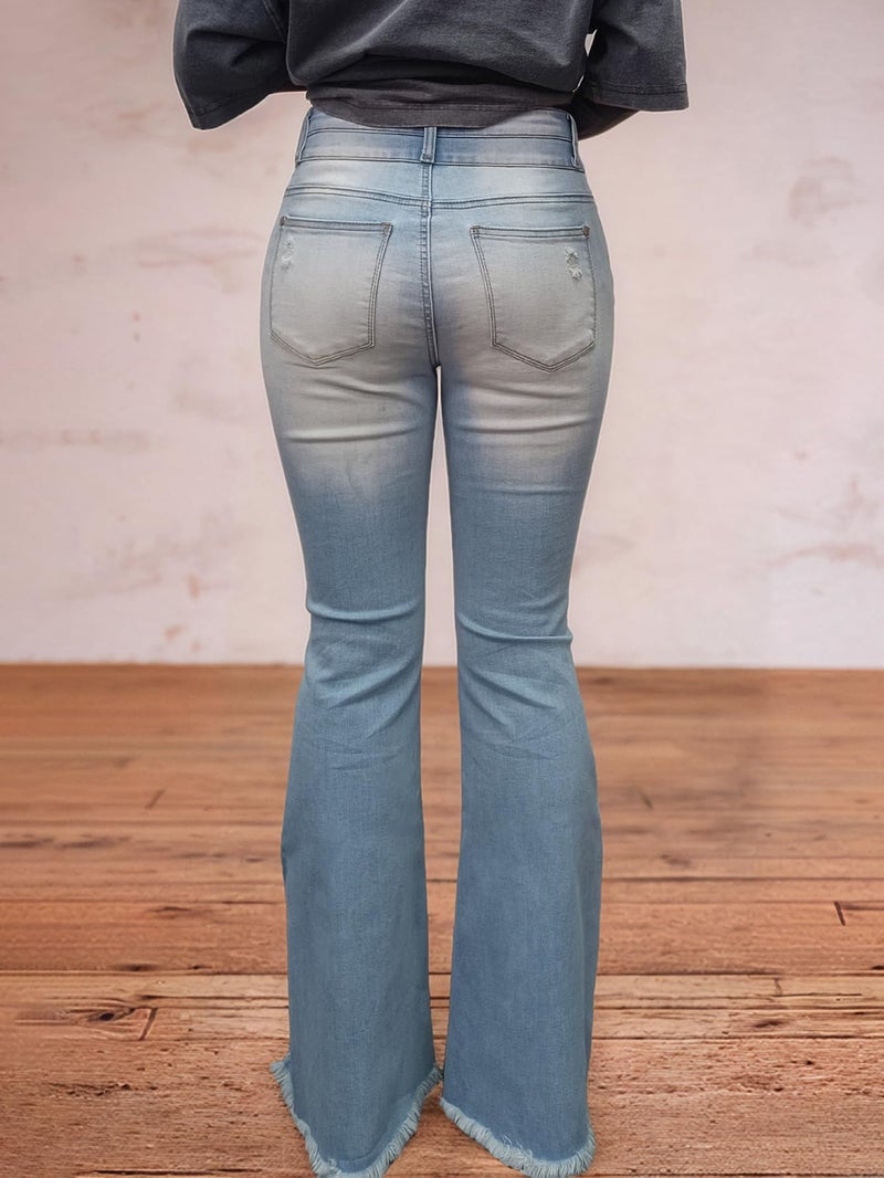 Flamingals Flare Bell Bottom Jeans for Women Raw Hem High Waist Light Blue Medium - Image 5