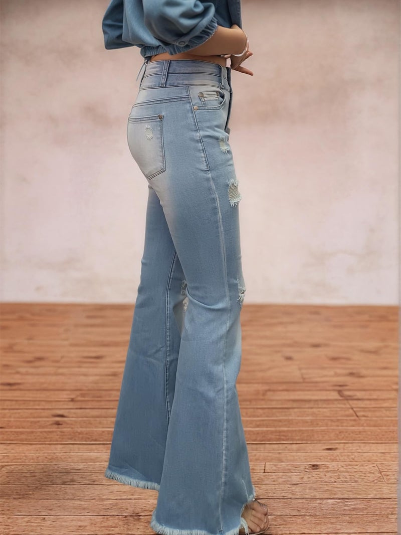 Flamingals Flare Bell Bottom Jeans for Women Raw Hem High Waist Light Blue Medium - Image 3