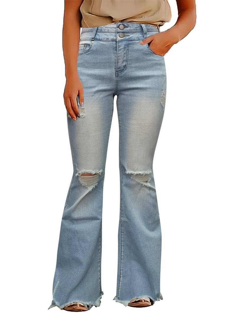 Flamingals Flare Bell Bottom Jeans for Women Raw Hem High Waist Light Blue Medium - Image 1