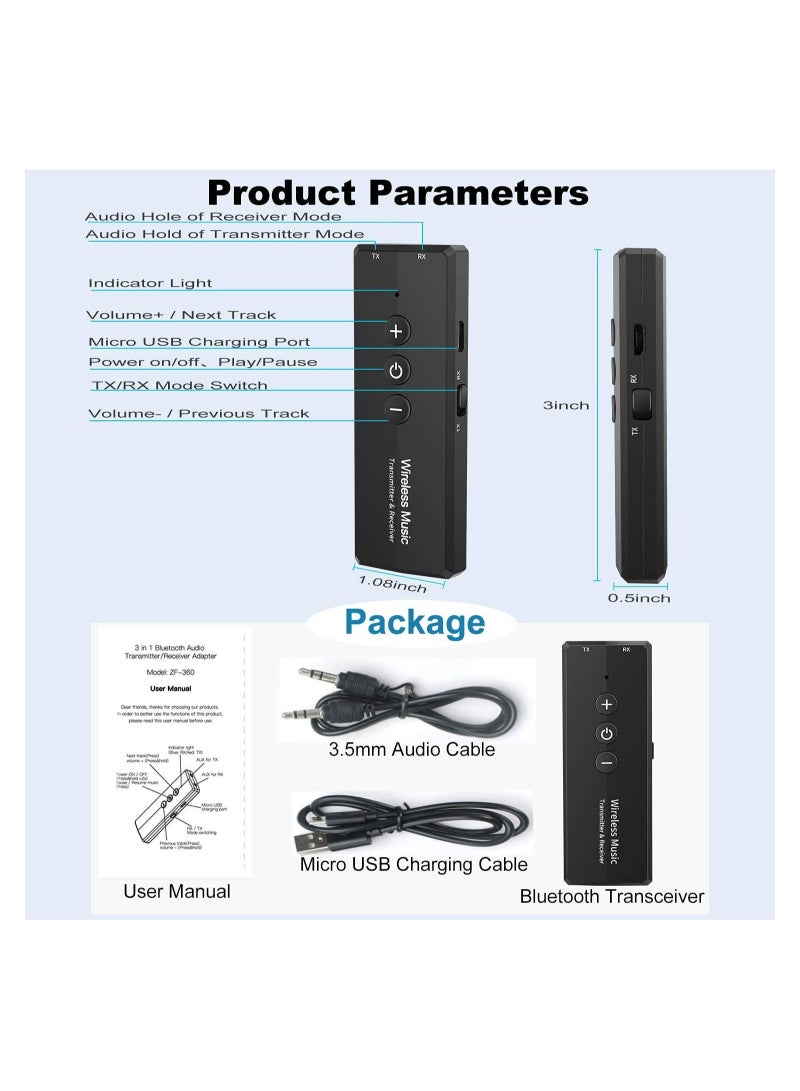 Captaintech Bluetooth 5.0 Transmitter Receiver 3-in-1, Wireless 3.5mm Audio Adapter, Mini Wireless Audio Adapter, Bluetooth AUX Adapter, for TV PC Headphones Home Sounds System Car, CD-Like Voice Enjoyment - Image 2