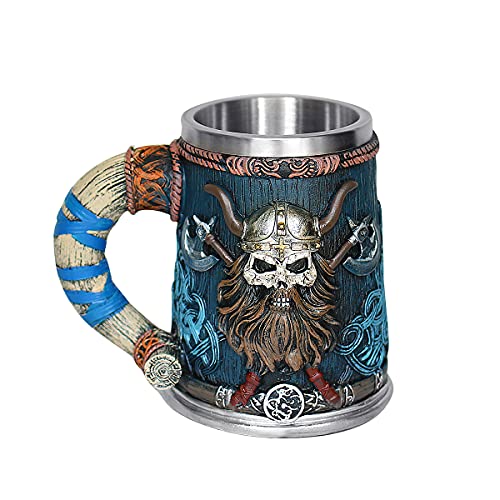 OTARTU Valhalla Viking Stainless Steel Single Handle Horn Skull Beer Stein Cup, Nordic Viking Warrior Skull Mug Tankard 17oz, Halloween Bar Drinkware Men’s Gift - Image 1