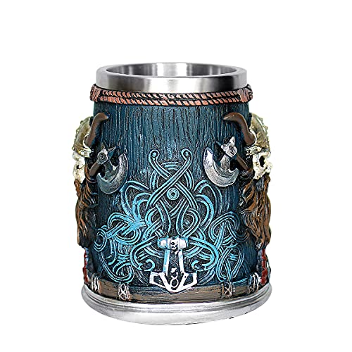 OTARTU Valhalla Viking Stainless Steel Single Handle Horn Skull Beer Stein Cup, Nordic Viking Warrior Skull Mug Tankard 17oz, Halloween Bar Drinkware Men’s Gift - Image 2