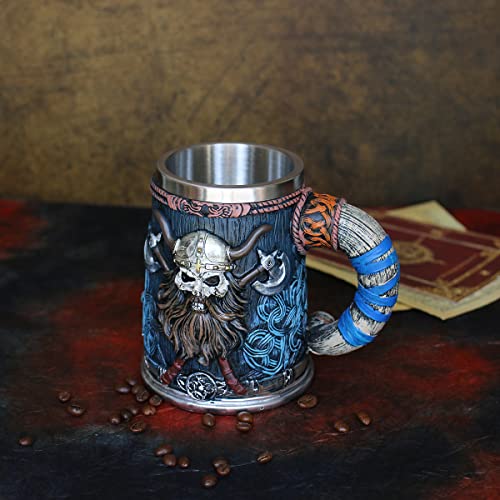 OTARTU Valhalla Viking Stainless Steel Single Handle Horn Skull Beer Stein Cup, Nordic Viking Warrior Skull Mug Tankard 17oz, Halloween Bar Drinkware Men’s Gift - Image 5