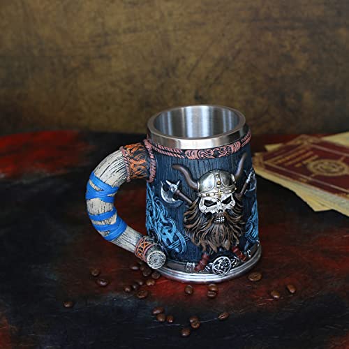 OTARTU Valhalla Viking Stainless Steel Single Handle Horn Skull Beer Stein Cup, Nordic Viking Warrior Skull Mug Tankard 17oz, Halloween Bar Drinkware Men’s Gift - Image 4