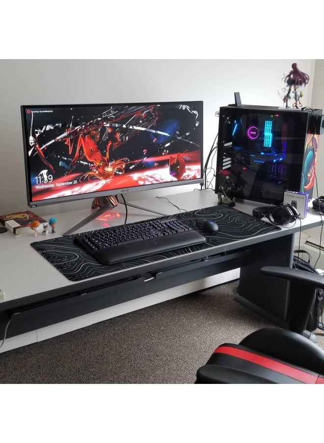 Gaming Mouse Pad Large,31.5 x 11.8in Topographic Keyboard Mousepad for Non-Slip Base and Stitched Edge, Extended Desk Pad XL Desk Mat (Black) - Image 3