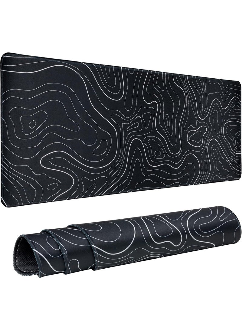 Gaming Mouse Pad Large,31.5 x 11.8in Topographic Keyboard Mousepad for Non-Slip Base and Stitched Edge, Extended Desk Pad XL Desk Mat (Black) - Image 1