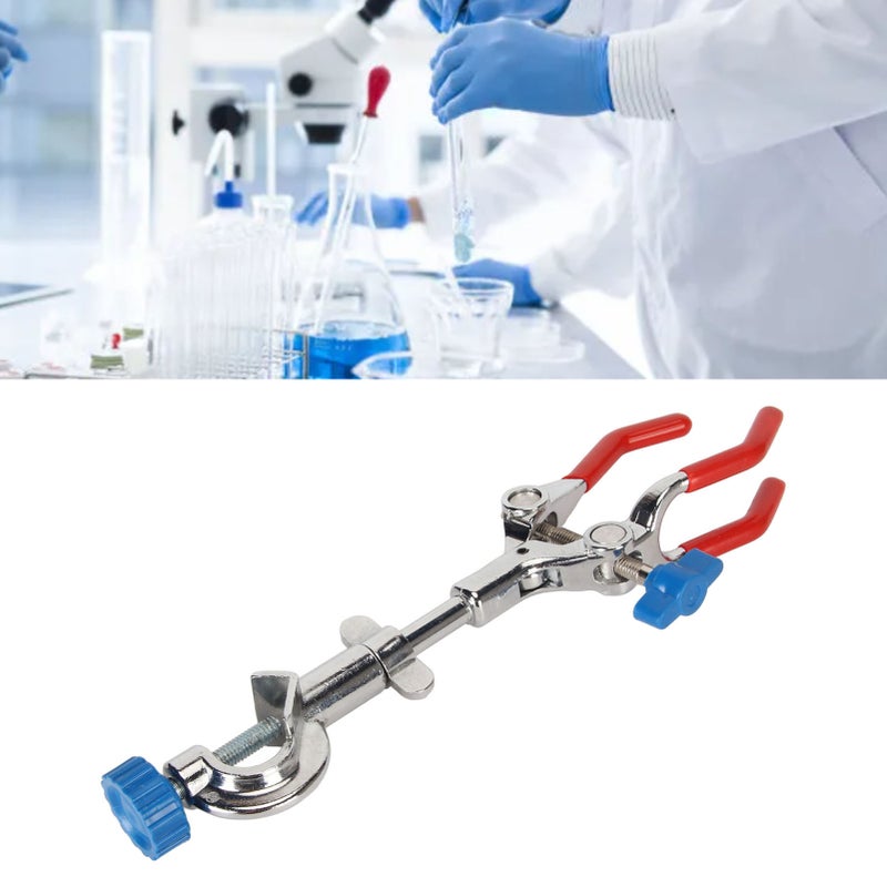 3 Prong Lab Clamp: Stainless Steel Frame Nonslip Rubber Coated Jaws - Adjustable Angle Pressure Control Finger Flask Clamp for Professional Labs Science Classrooms Home Glassware Holding - Image 2