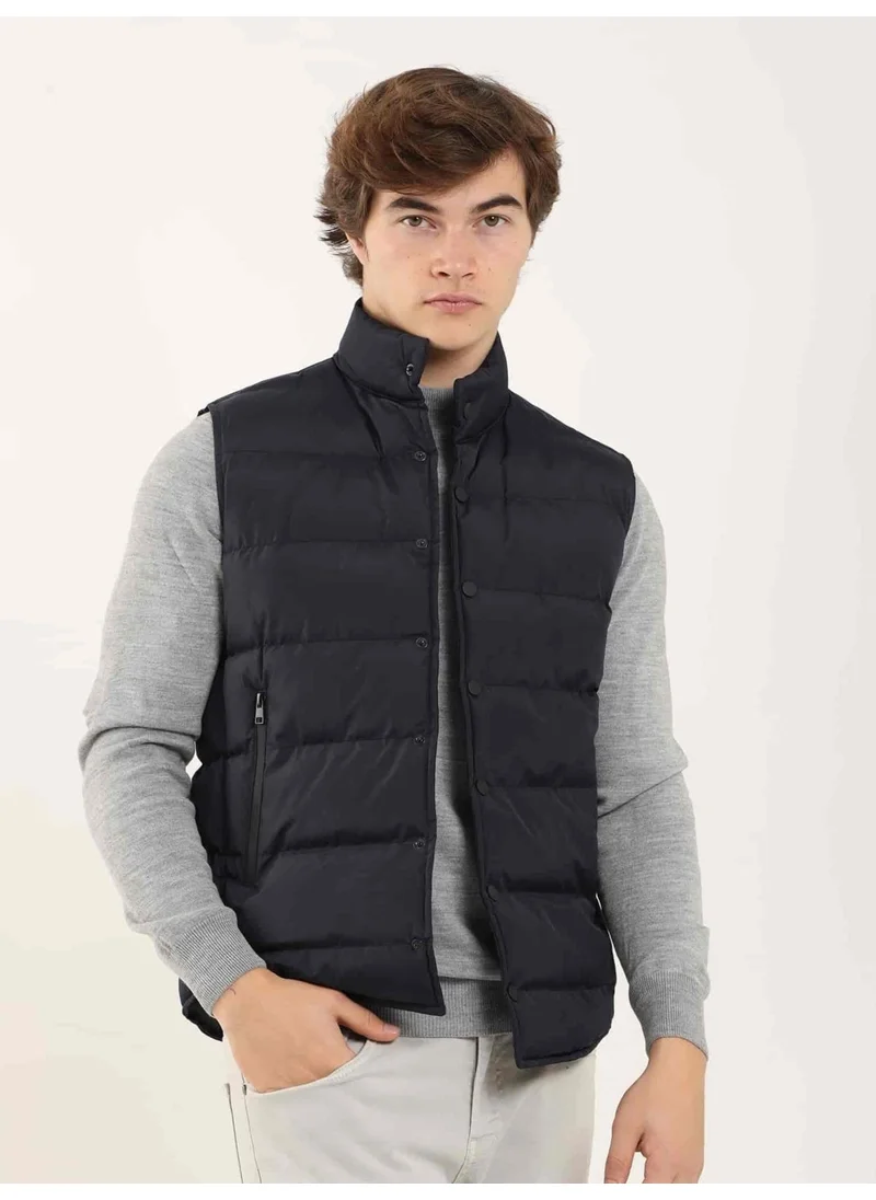 Dufy Navy Blue Men's Regular Fit High Collar Vest Coat