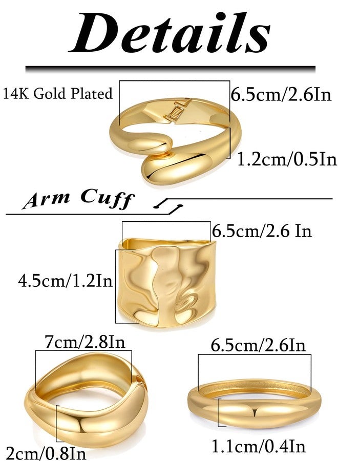 Tornito أساور ذهبية عريضة من تورنيتو 4 قطع للنساء مطلية بالذهب عيار 14 قيراط، أساور قابلة للفتح بتصميم غير منتظم وعصري، مجوهرات سميكة قابلة للتكديس، هدايا - Image 2