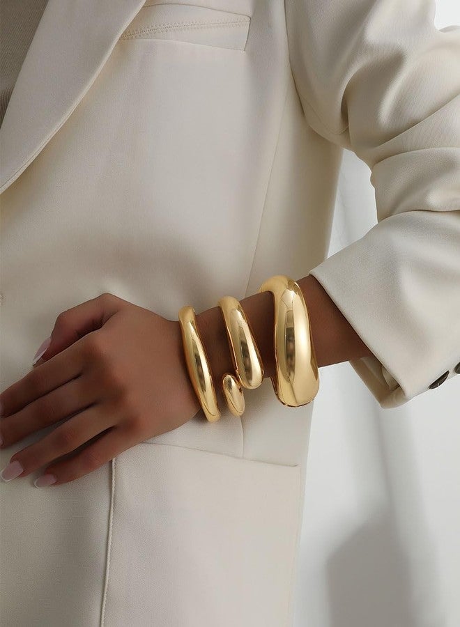 Tornito أساور ذهبية عريضة من تورنيتو 4 قطع للنساء مطلية بالذهب عيار 14 قيراط، أساور قابلة للفتح بتصميم غير منتظم وعصري، مجوهرات سميكة قابلة للتكديس، هدايا - Image 3